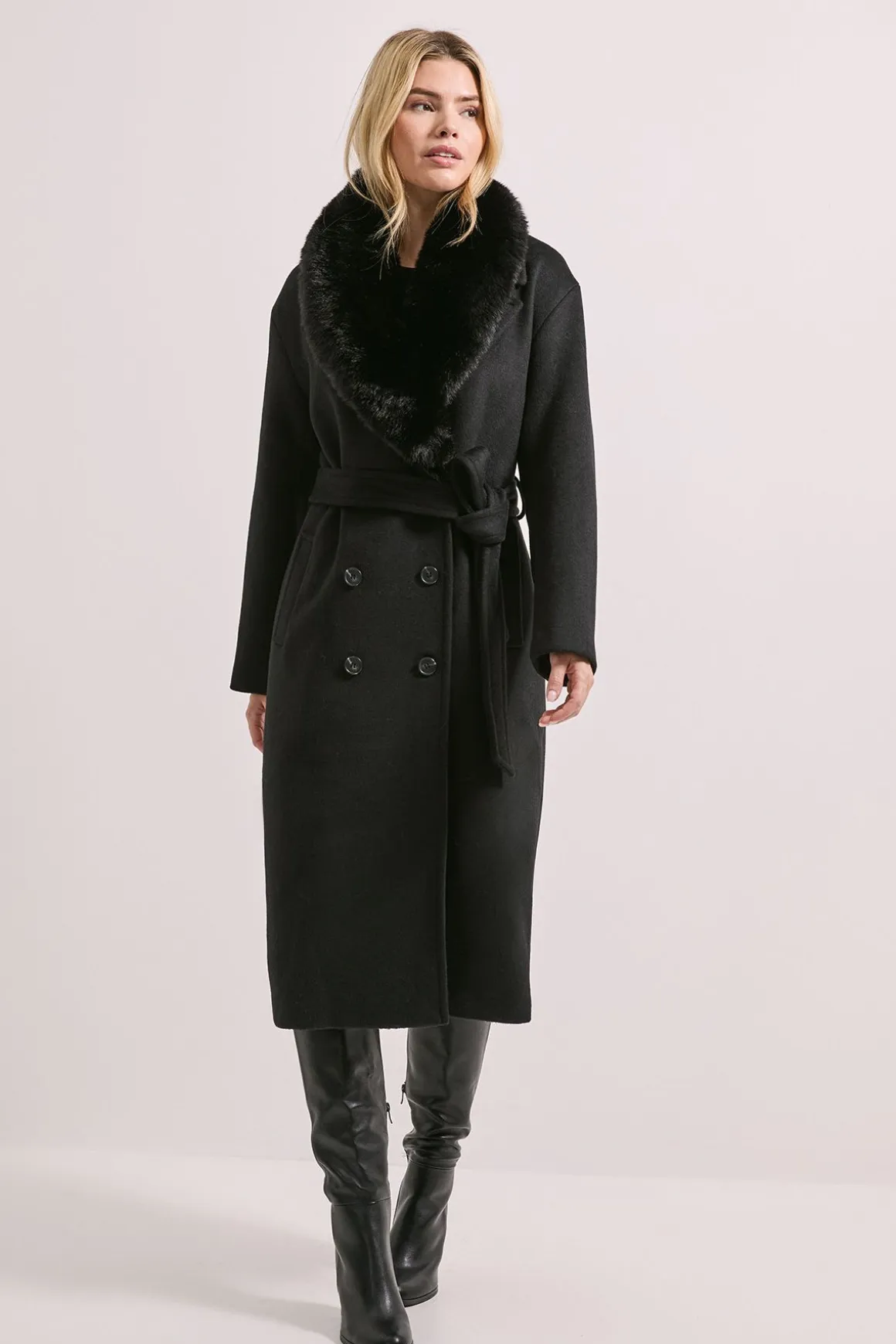 Manteau Long Ceinturé à Col en synthétique