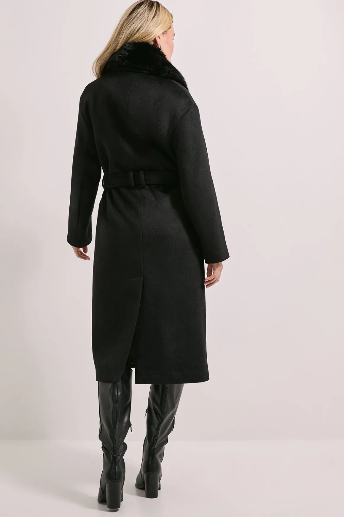Manteau Long Ceinturé à Col en synthétique