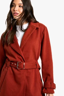 Manteau Long Ceinturé Effet Laine