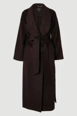 Manteau Long Ceinturé en Laine Brossée Coupe Ajustée