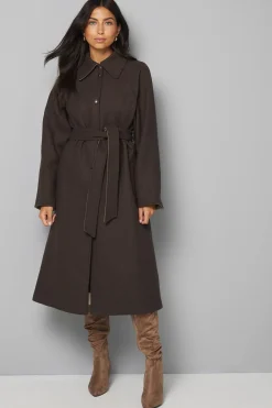Manteau Long Ceinturé en Mélange de Laine