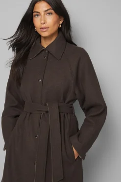 Manteau Long Ceinturé en Mélange de Laine