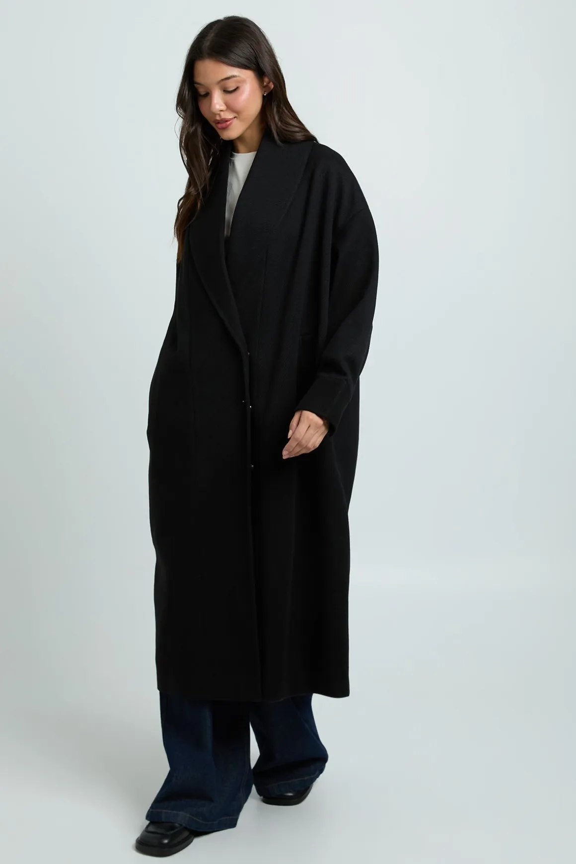 Manteau Long À Col Effet Laine