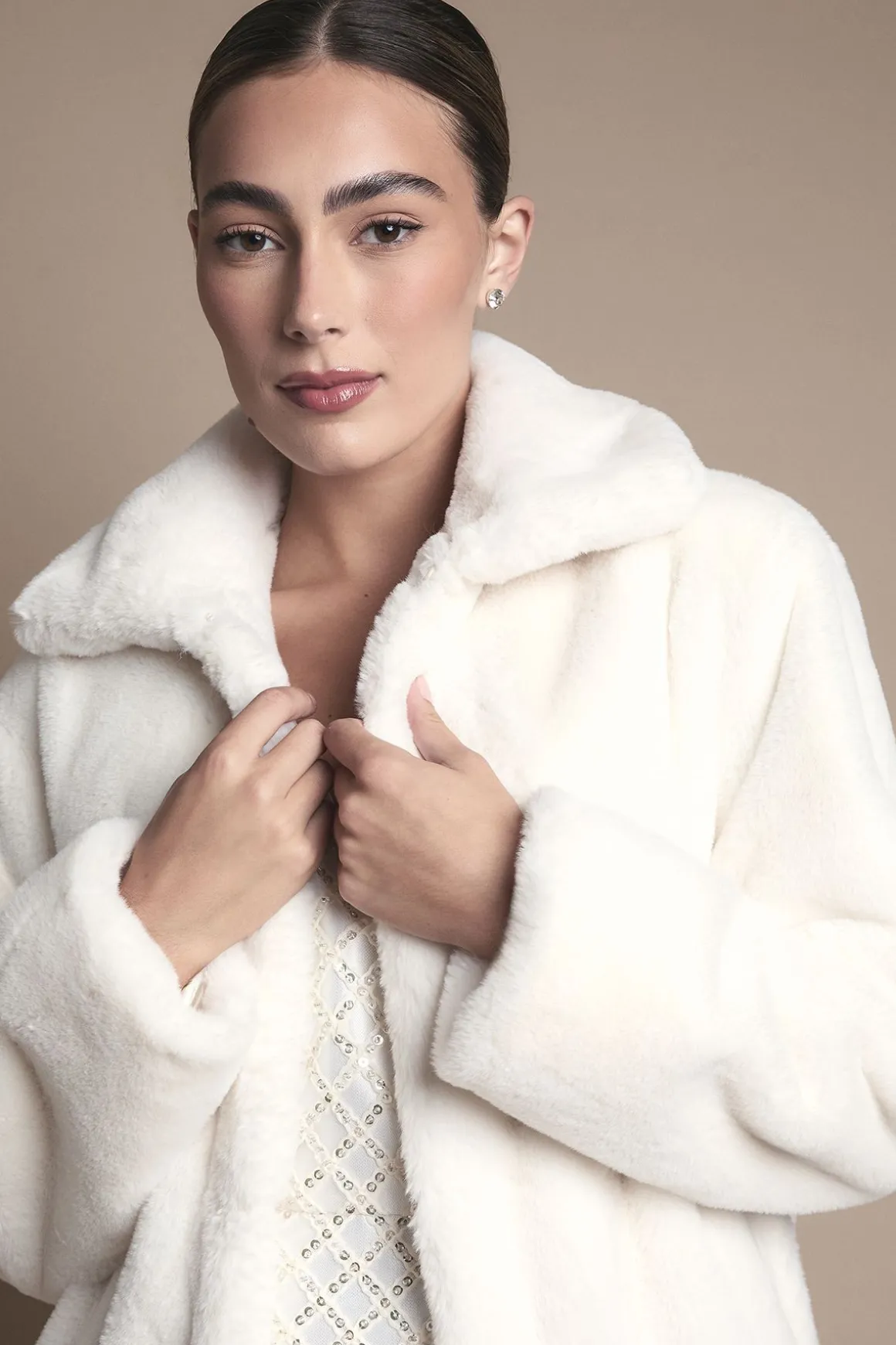 Manteau Long à Col en synthétique Ivoire