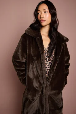 Manteau Long à Col en synthétique Chocolat