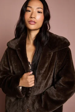 Manteau Long à Col en synthétique Chocolat