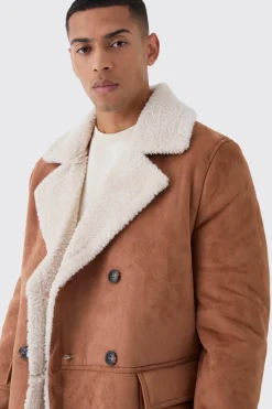 Manteau long à double boutonnage doublé Borg en couleur tan