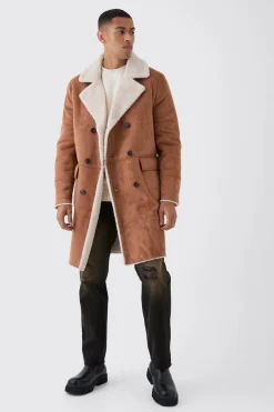 Manteau long à double boutonnage doublé Borg en couleur tan