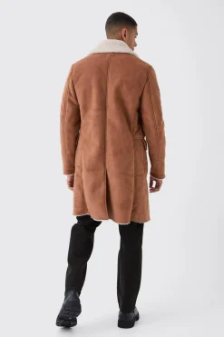 Manteau long à double boutonnage doublé Borg en couleur tan
