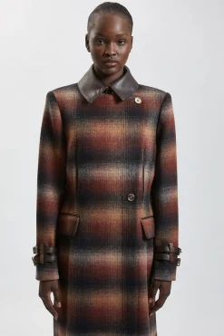 Manteau Long En Laine À Carreaux Avec Col Bordé De SYNTHÉTIQUE