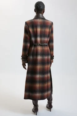 Manteau Long En Laine À Carreaux Avec Col Bordé De SYNTHÉTIQUE