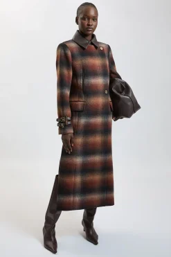Manteau Long En Laine À Carreaux Avec Col Bordé De SYNTHÉTIQUE