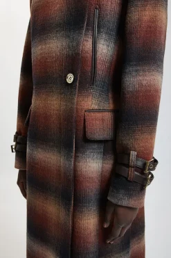 Manteau Long En Laine À Carreaux Avec Col Bordé De SYNTHÉTIQUE