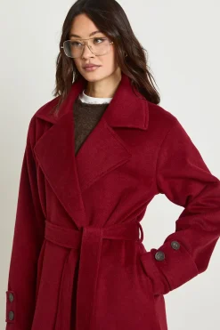 boohoo Manteau long en mélange de laine à ceinture<Femme Vestes & Manteaux|Looks Bordeaux
