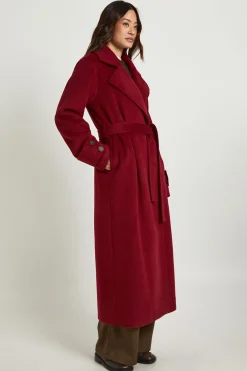 boohoo Manteau long en mélange de laine à ceinture<Femme Vestes & Manteaux|Looks Bordeaux