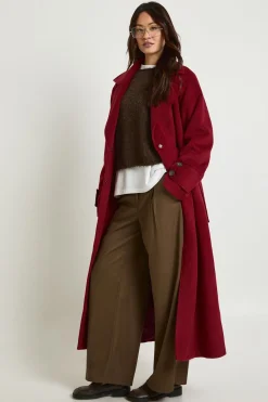 boohoo Manteau long en mélange de laine à ceinture<Femme Vestes & Manteaux|Looks Bordeaux