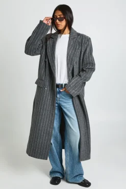 Manteau Long À Fines Rayures Croisé Effet Laine