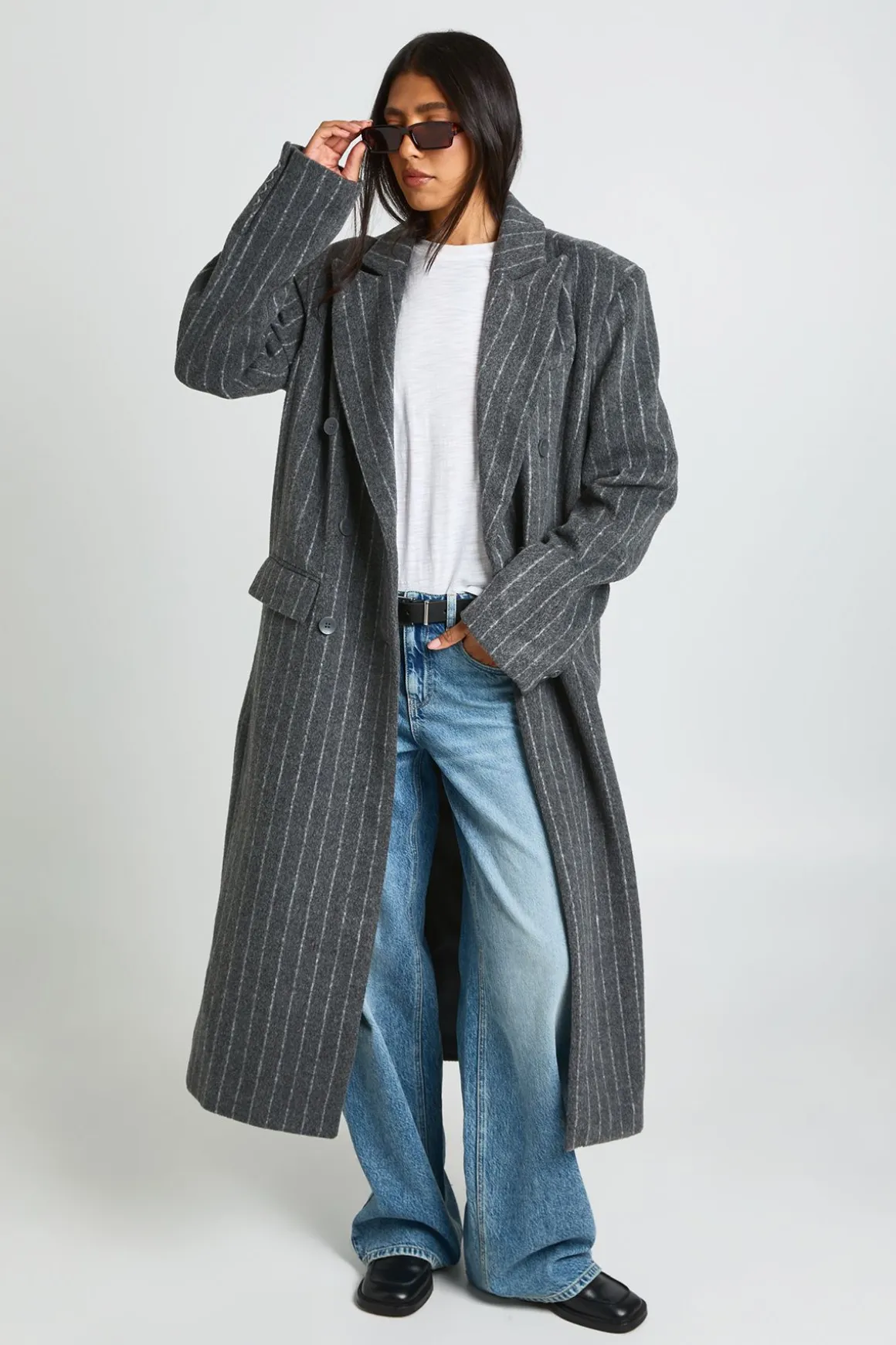 Manteau Long À Fines Rayures Croisé Effet Laine
