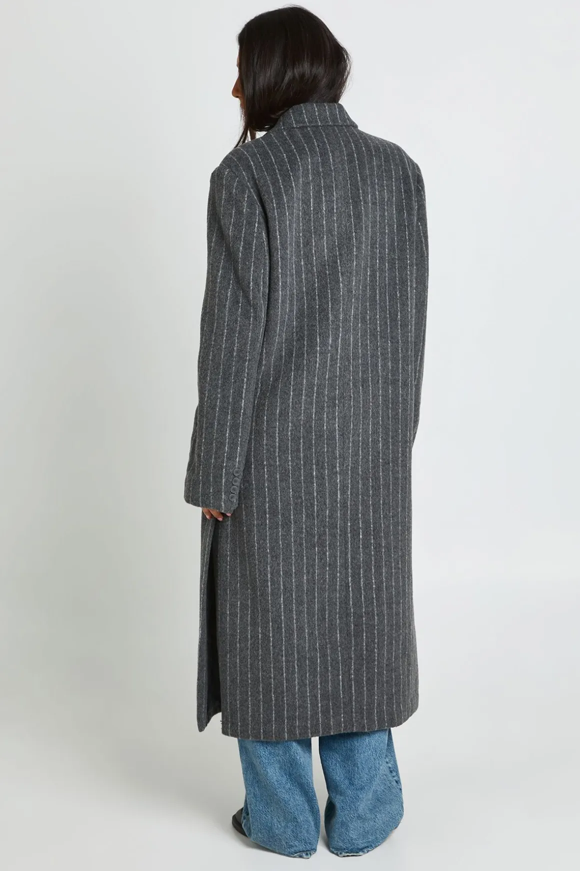 Manteau Long À Fines Rayures Croisé Effet Laine