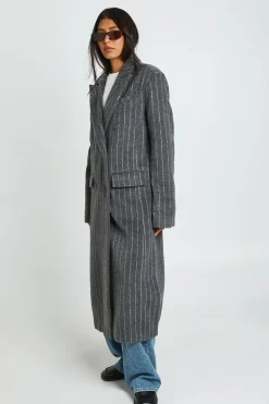 Manteau Long À Fines Rayures Croisé Effet Laine