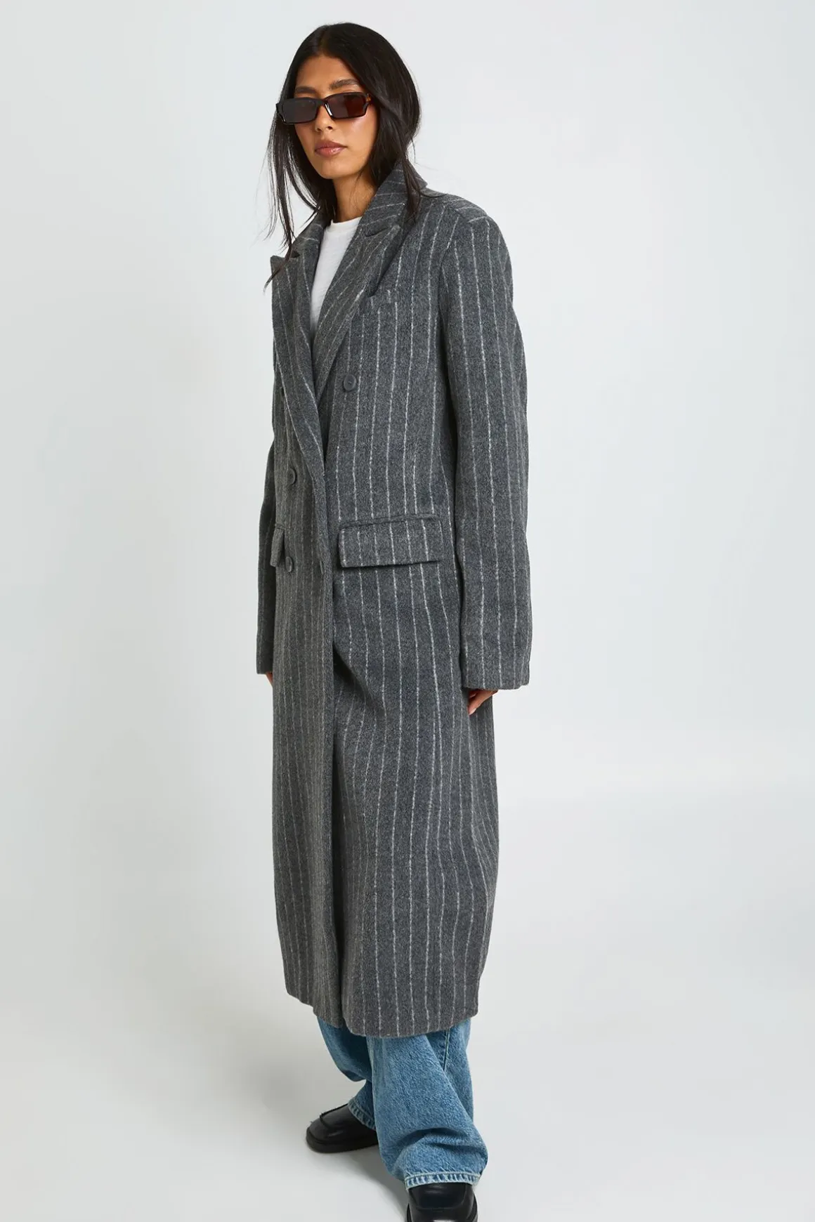 Manteau Long À Fines Rayures Croisé Effet Laine