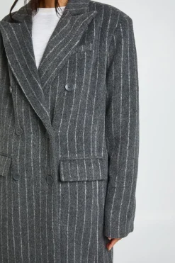 Manteau Long À Fines Rayures Croisé Effet Laine