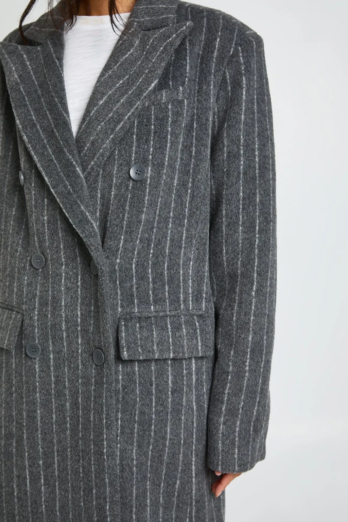 Manteau Long À Fines Rayures Croisé Effet Laine