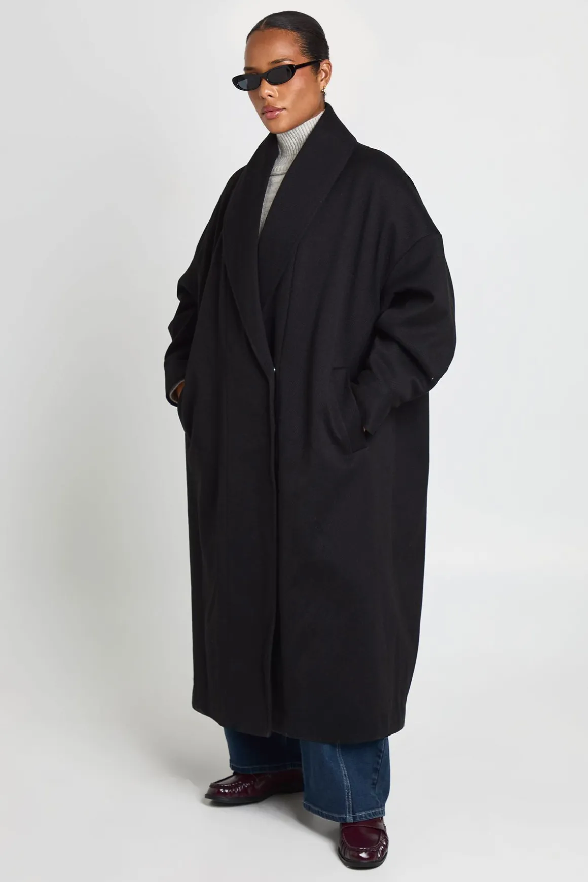 Manteau Long Grande Taille À Col Châle Effet Laine
