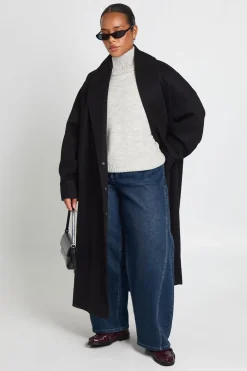 Manteau Long Grande Taille À Col Châle Effet Laine