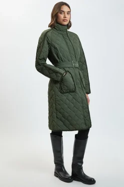 Manteau Long Matelassé À Bordures Contrastées