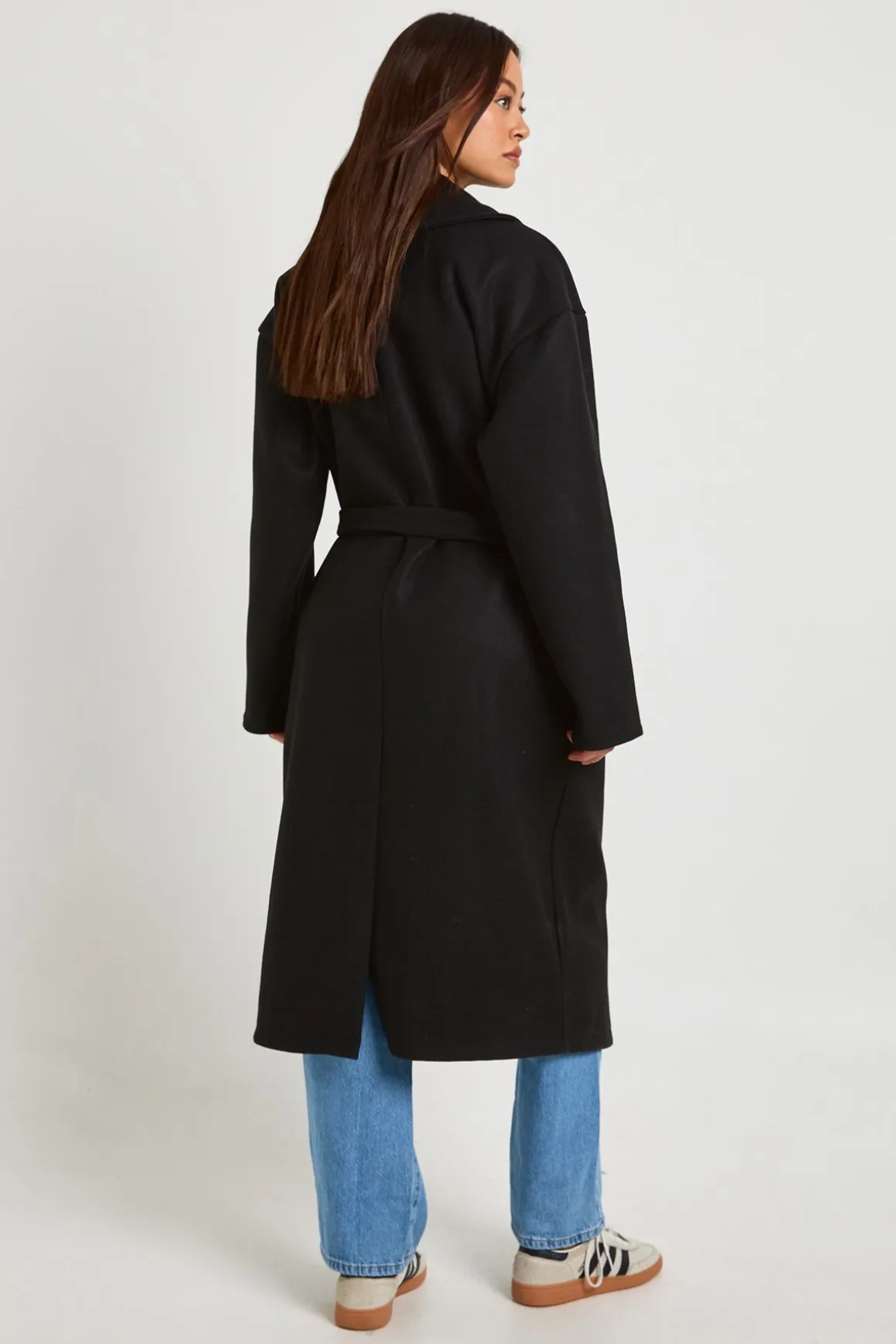 Manteau Long Oversize Ceinturé Boutonnage Intégral Aspect Laine