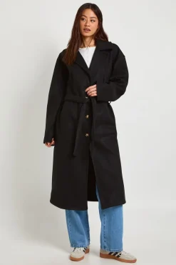 Manteau Long Oversize Ceinturé Boutonnage Intégral Aspect Laine
