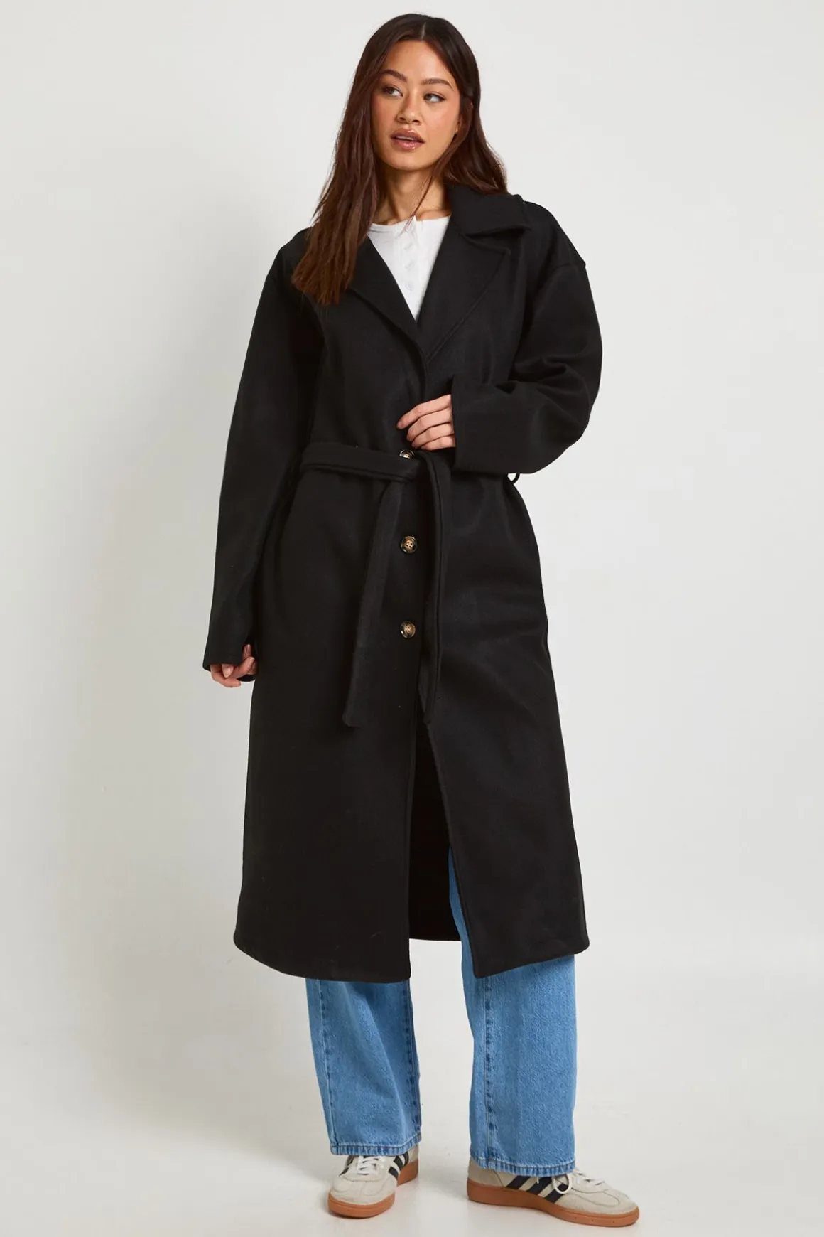 Manteau Long Oversize Ceinturé Boutonnage Intégral Aspect Laine