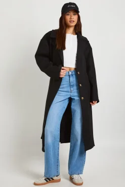 Manteau Long Oversize Ceinturé Boutonnage Intégral Aspect Laine