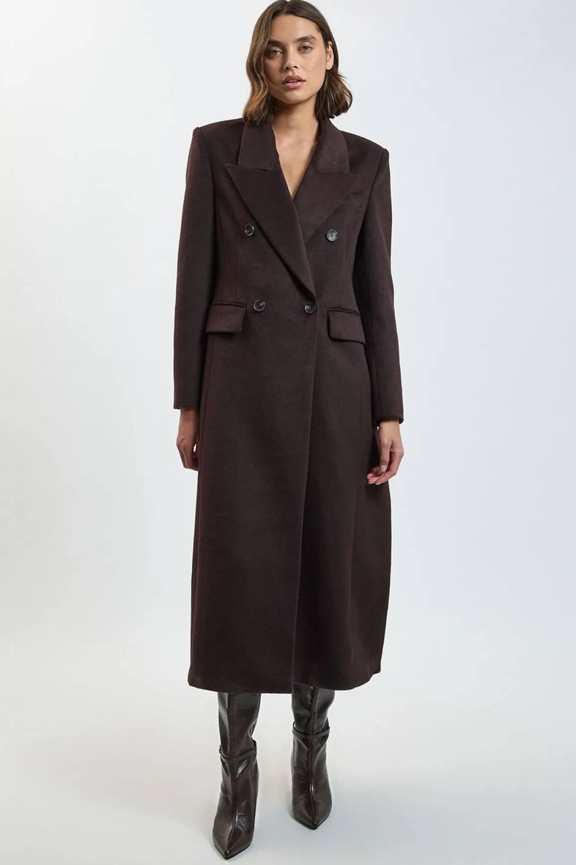 Manteau Long Oversize à Double Boutonnage en Laine Brossée