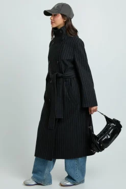 boohoo Manteau Long À Rayures Tennis Ceinturé Double Boutonnage Aspect Laine<Femme Vestes & Manteaux