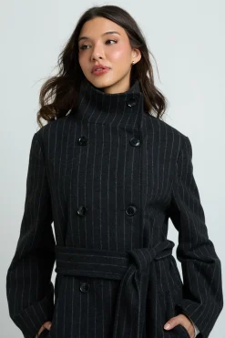 boohoo Manteau Long À Rayures Tennis Ceinturé Double Boutonnage Aspect Laine<Femme Vestes & Manteaux
