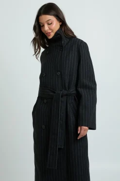 boohoo Manteau Long À Rayures Tennis Ceinturé Double Boutonnage Aspect Laine<Femme Vestes & Manteaux