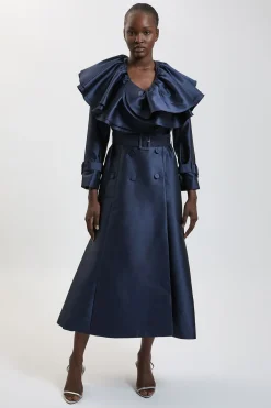 KarenMillen Manteau Long Structuré En Satin À Volants Ajusté<Femme Vestes & Manteaux|Satin Et Dentelle