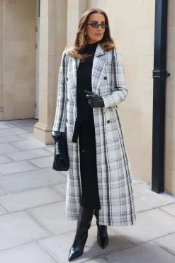 Manteau Long Tailleur À Carreaux En Laine Mélangée À Double Boutonnage