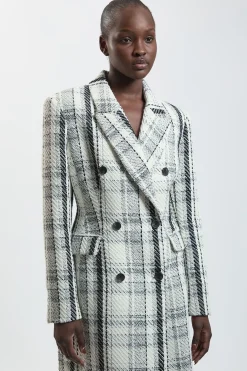 Manteau Long Tailleur À Carreaux En Laine Mélangée À Double Boutonnage