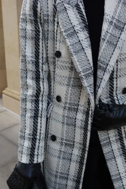 Manteau Long Tailleur À Carreaux En Laine Mélangée À Double Boutonnage