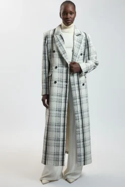 Manteau Long Tailleur À Carreaux En Laine Mélangée À Double Boutonnage