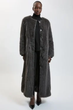 Manteau Long Texturé En Synthétique Avec Ceinture Et Sans Col