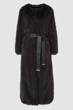 Manteau Long Texturé En Synthétique Avec Ceinture Et Sans Col