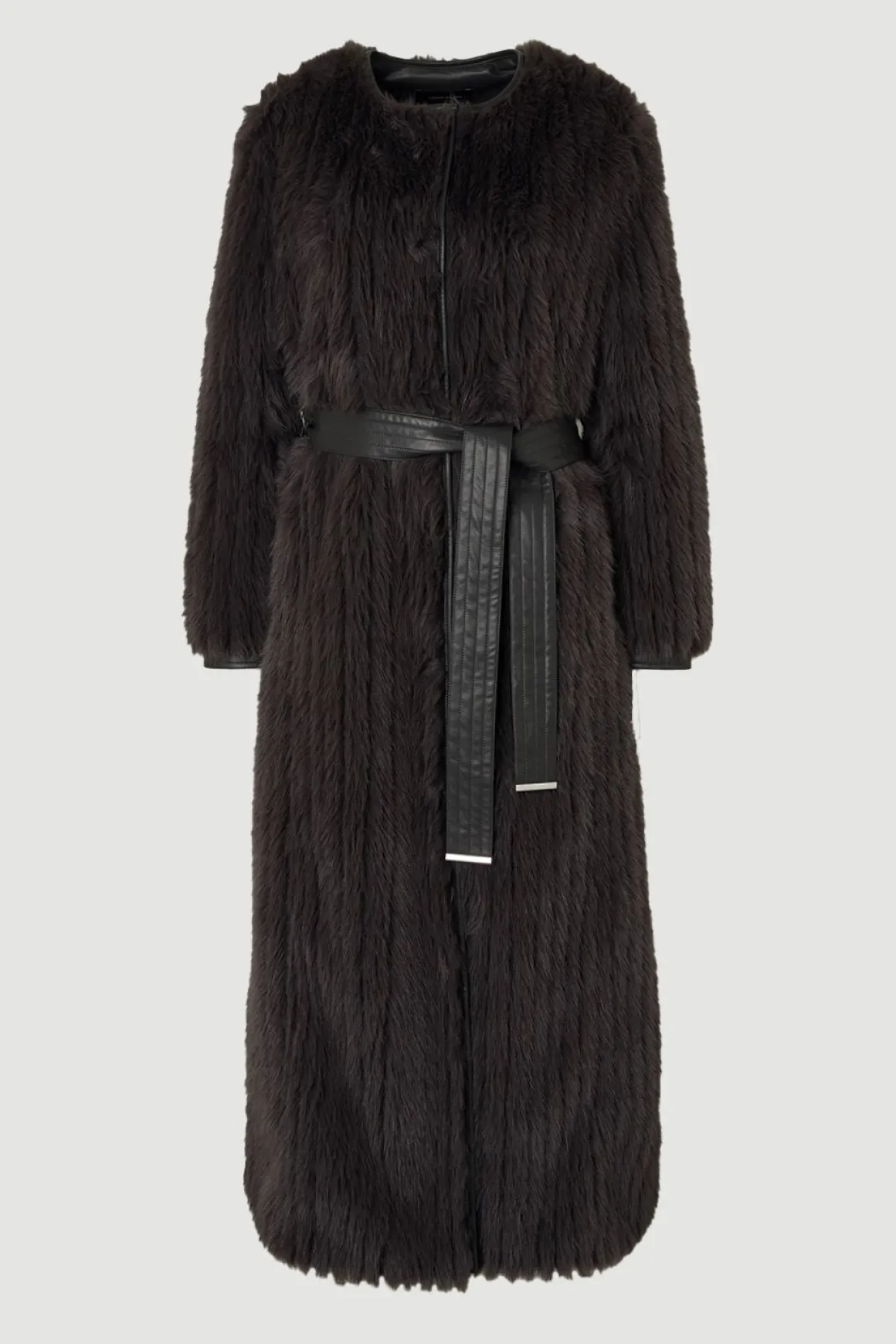 Manteau Long Texturé En Synthétique Avec Ceinture Et Sans Col