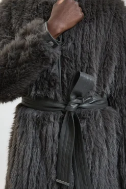 Manteau Long Texturé En Synthétique Avec Ceinture Et Sans Col