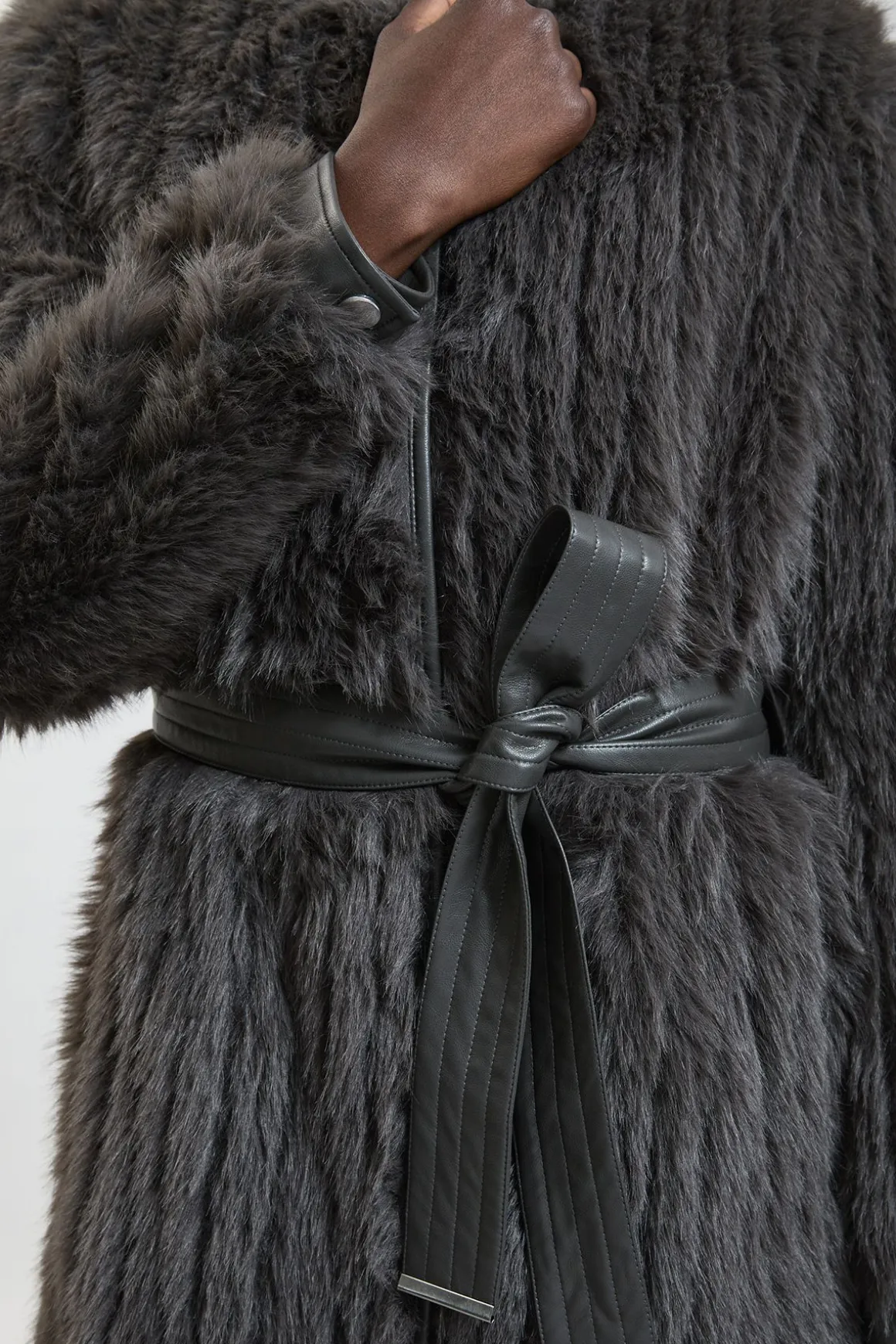 Manteau Long Texturé En Synthétique Avec Ceinture Et Sans Col