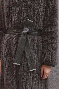 Manteau Long Texturé En Synthétique Avec Ceinture Et Sans Col
