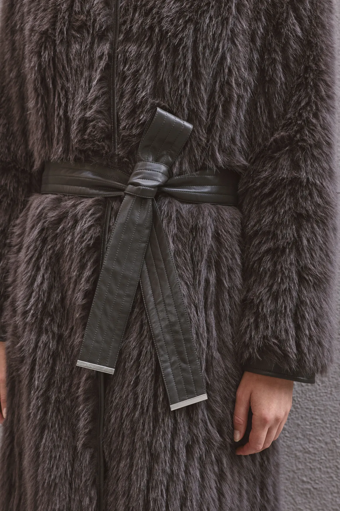 Manteau Long Texturé En Synthétique Avec Ceinture Et Sans Col